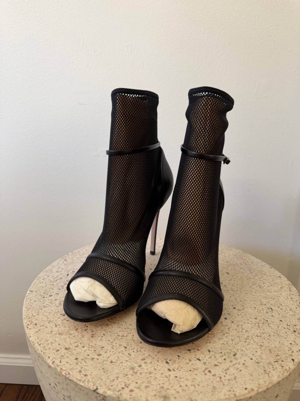 Gianvito Rossi Black Mesh Peep-Toe Stiletto Booties with Ankle Strap - Picture 3 of 7